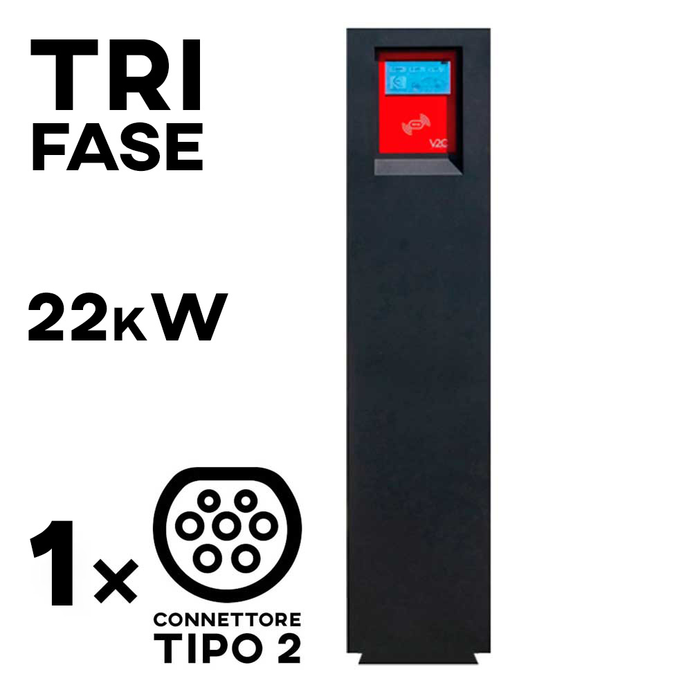 POLE X1 - <span style=font-weight:bold;>COLONNINA DI RICARICA DA TERRA CON 1 SOCKET TYPE 2 - 22 kW - </span><br />Colonnina di ricarica da terra 
 in acciaio, antivandalica IP54 - IK10 dimensione 1350x360x230 mm peso 55 Kg. Trifase 400V , 32 Ampere per fase con 1 presa sockets da 22kW cad. Display 8