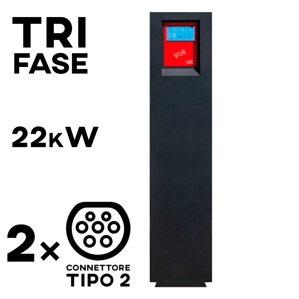 POLE X2 - <span style=font-weight:bold;>COLONNINA DI RICARICA DA TERRA CON SOCKET TYPE 2 - 22 kW (22 kW per presa) - </span><br />Colonnina di ricarica da terra 
 in acciaio, antivandalica IP54 - IK10 dimensione 1350x360x230 mm peso 55 Kg. Trifase 400V , 32 Ampere per fase con 2 prese sockets da 22kW cad. Display 8