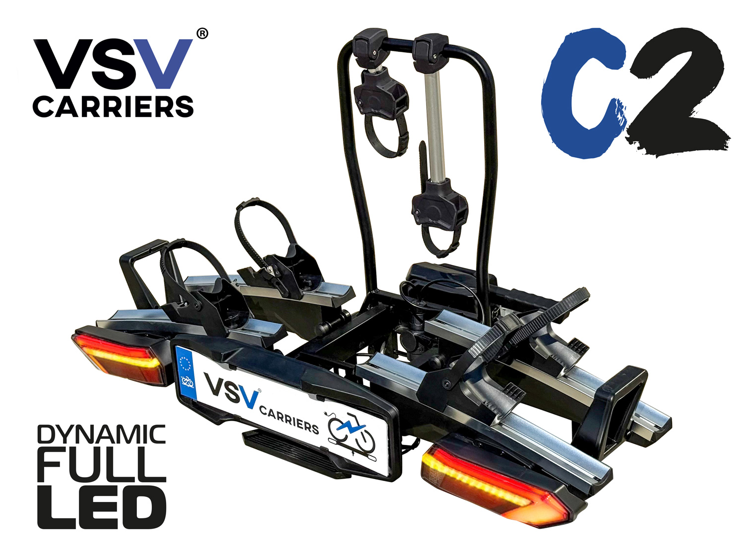 VSV C2 - Capacità 2 bici anche e-BIKE. Con fari posteriori DYNAMIC FULL LED. Carico Max 60 Kg. Peso articolo 22 Kg. in acciaio e alluminio. Portabici pieghevole. Supporti telaio bici a cinghia con chiusura a chiave. Funzione reclinabile per l'apertura del bagagliaio. Passo bici: qualsiasi misura fino a 1350 mm. Presa 13 poli- CON SUPPORTI RUOTA SCORREVOLI FINO A 76mm.