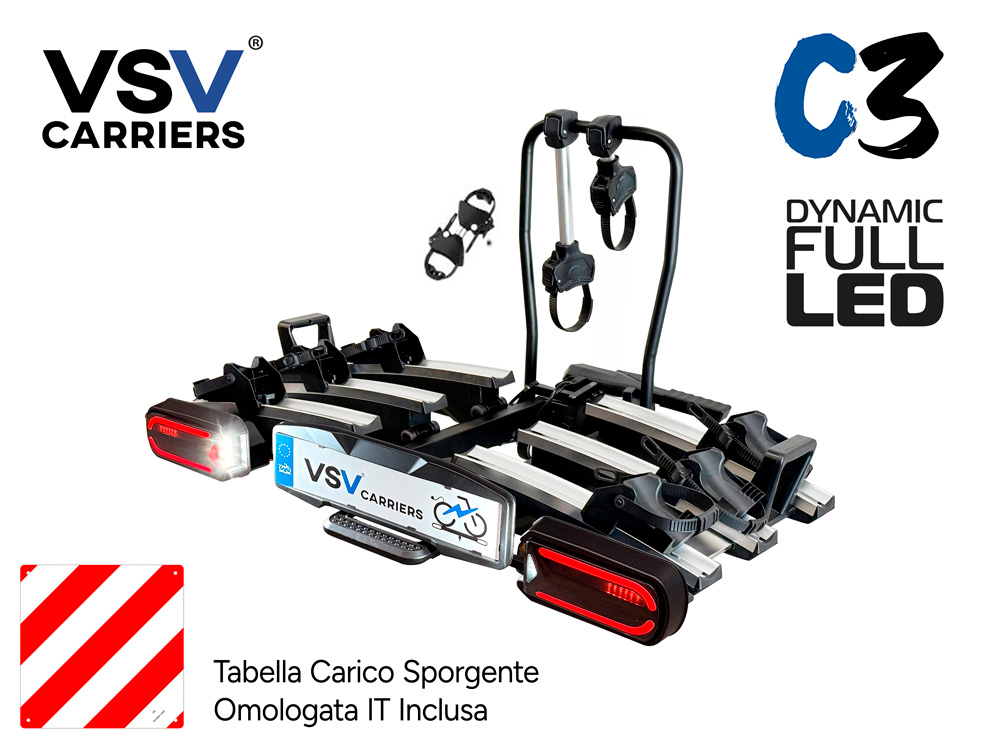 VSV C3 - Capacit� 3 bici anche e-bike. Con fari posteriori DYNAMIC FULL LED. Carico Max 60 Kg. Peso articolo 23 Kg. in acciaio e alluminio. Portabici pieghevole. Supporti telaio bici a cinghia con chiusura a chiave. Funzione reclinabile per l'apertura del bagagliaio. Passo bici: qualsiasi misura fino a 1350 mm. Presa 13 poli- CON SUPPORTI RUOTA SCORREVOLI FINO A 76mm