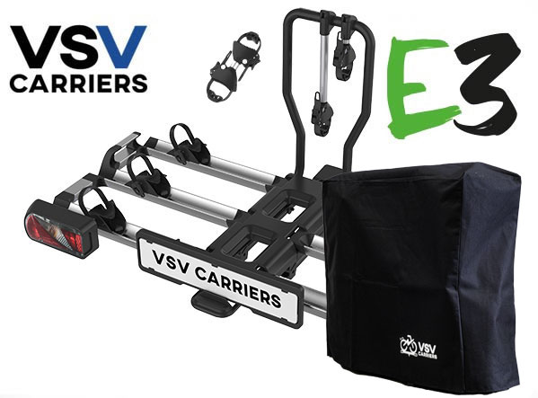 VSV E3 - Capacità 3 bici anche e-BIKE (+ 1 bici optional cod. BCVSVEXT3ZX). Carico Max 60 Kg. Peso articolo 17 Kg.  in acciaio e alluminio. Portabici pieghevole.  Funzione reclinabile per l'apertura del bagagliaio. Passo bici: qualsiasi misura fino a 1350 mm.<br />Presa 7/13 poli- SPECIALE CON SUPPORTI RUOTA MAGGIORATI<br />SACCA DI PROTEZIONE INCLUSA