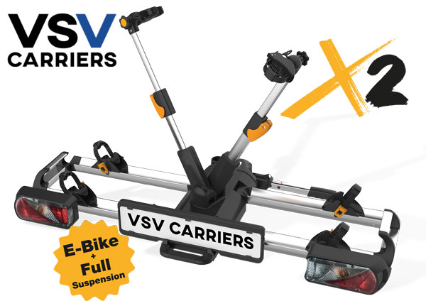VSV X2 - <b>SPECIAL PER E-BIKE BIAMMORTIZZATE</b> <br />Capacità 2 bici anche e-BIKE  (+ 1 bici optional cod. BCVSVEXT3ZX) Carico Max 60 Kg. Peso articolo 18 Kg.  in acciaio e alluminio. Portabici pieghevole.  Funzione reclinabile per l'apertura del bagagliaio tramite staffa SUPORTI TELAIO BICI A CINGHIE CON CHIUSURA. Presa 7/13 poli - SPECIALE CON SUPPORTI RUOTA MAGGIORATI. Passo bici: qualsiasi misura fino a 1350 mm.